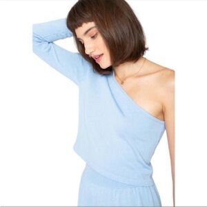 Callahan Knitwear Lora One Shoulder Sweater Light Blue Micro Ribbed Sz L NEW